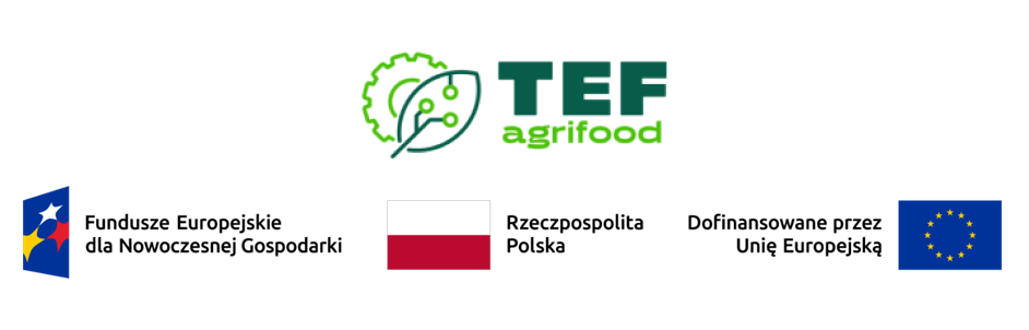 Logotyp projektu agrifoodTEF, logotyp programu Fundusze Europejskie dla Nowoczesnej Gospodarki, flaga Rzeczpospolitej Polskiej i flaga Unii Europejskiej