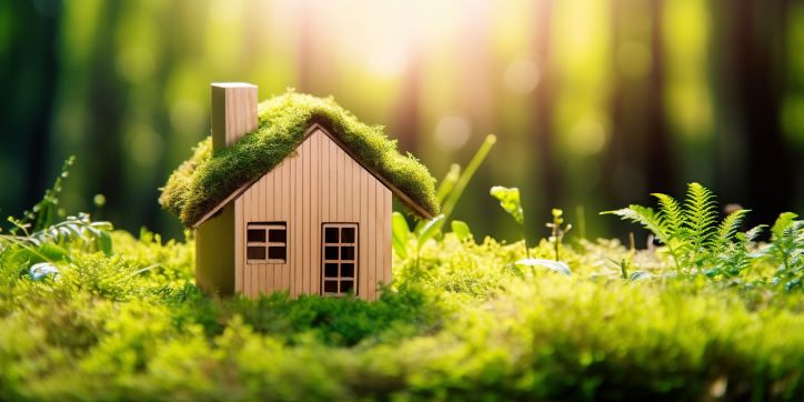 Miniaturowy drewniany domek z dachem pokrytym mchem, stojący na podłożu z mchu i trawy