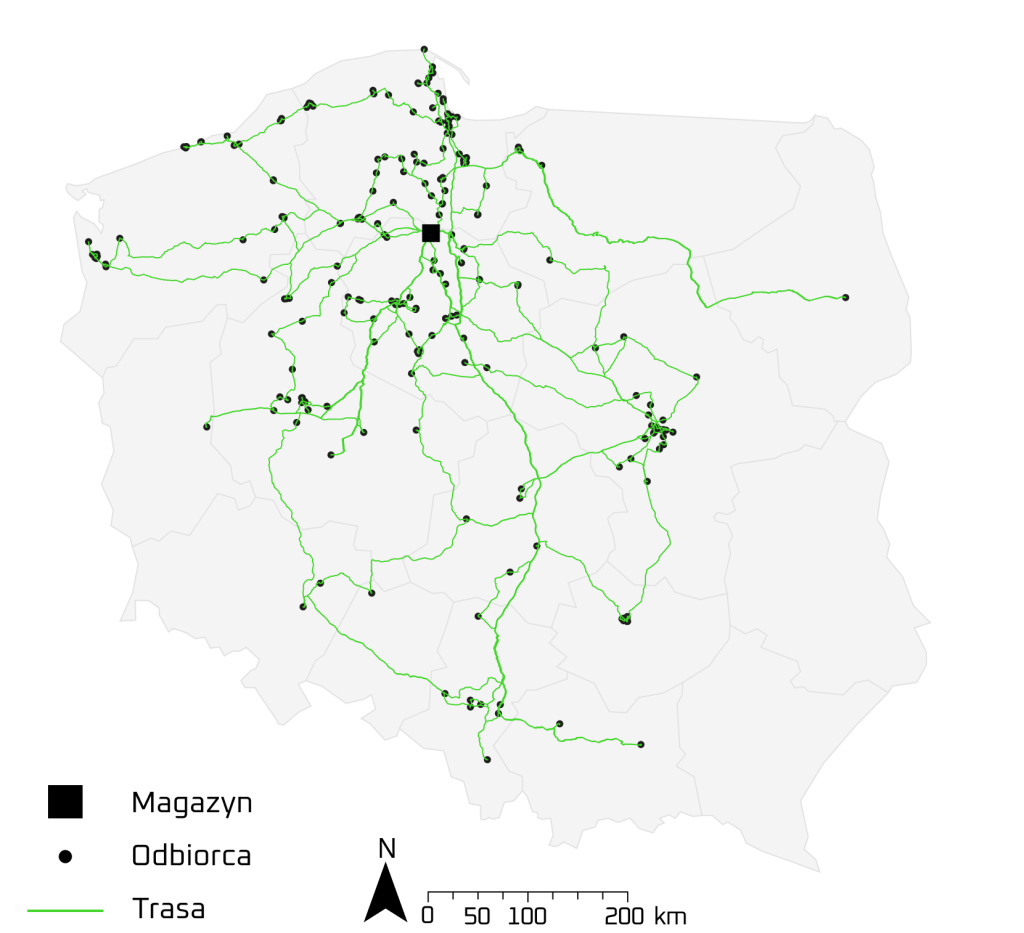 Mapa Polski przedstawiająca optymalne trasy transportu z magazynu centralnego do odbiorców na terenie całego kraju.