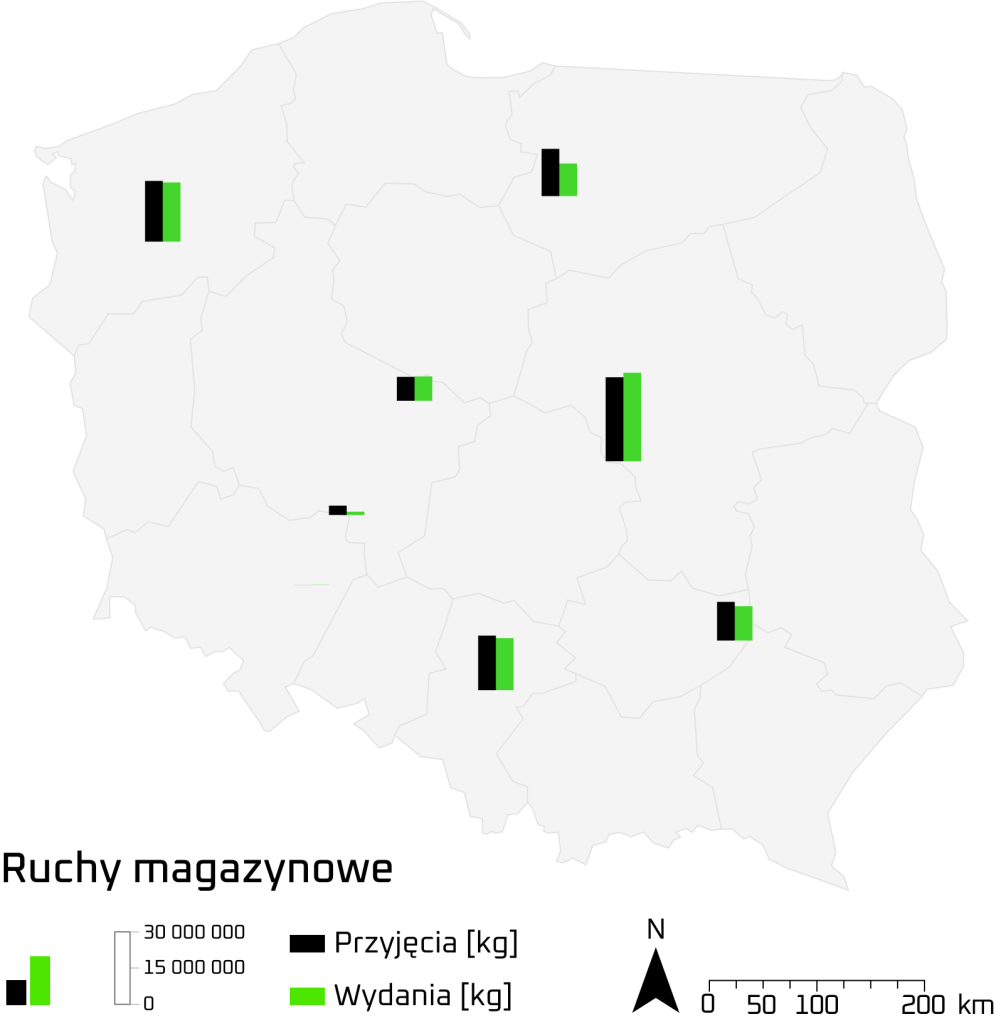 Mapa Polski z zaznaczonymi lokalizacjami, gdzie występują intensywne przyjęcia i wydania towarów w magazynach