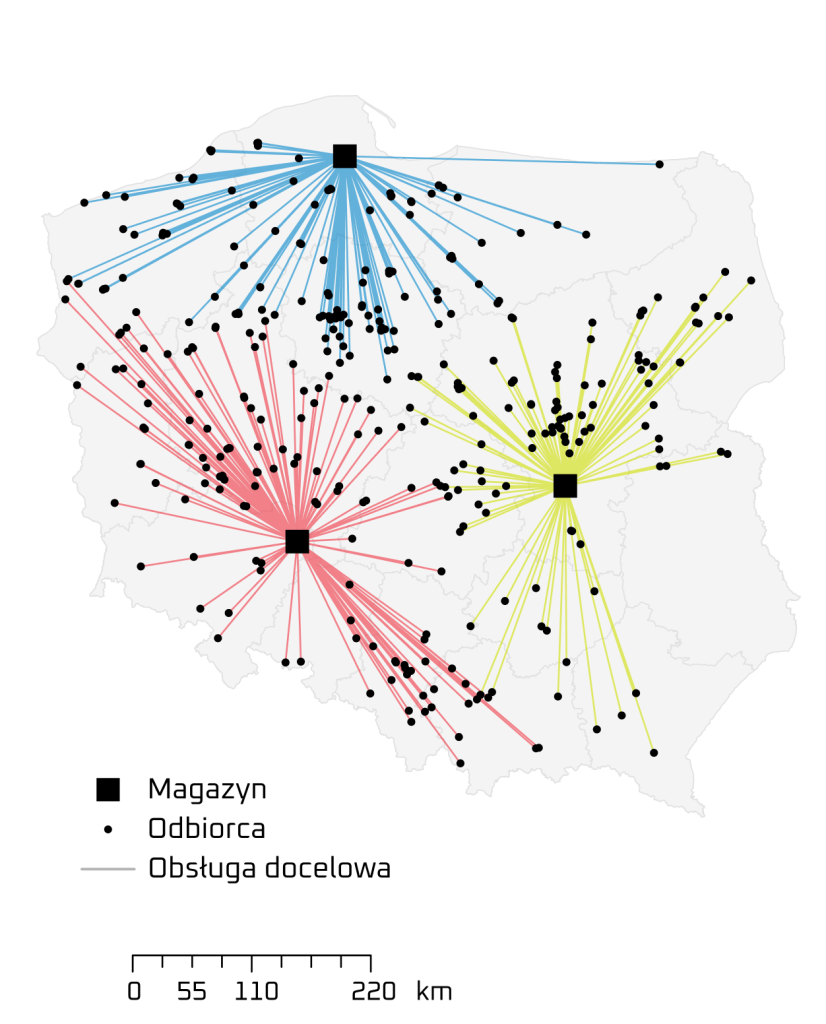 Mapa przedstawiająca model sieci dystrybucji (rozmieszczenie magazynów obsługujących poszczególnych odbiorców) po optymalizacji