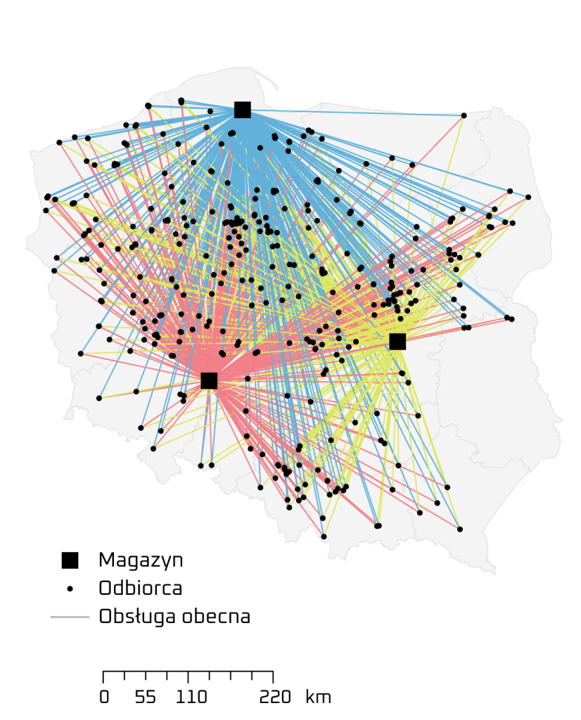 Mapa przedstawiająca model sieci dystrybucji (rozmieszczenie magazynów obsługujących poszczególnych odbiorców) przed optymalizacją