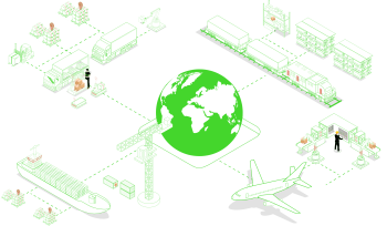 kolaż ikon w tematyce doradztwa logistycznego, ukazuje na środku model ziemi w zielonych odcieniach, a na około samoloty, statki, pociąg, centra logistyczne, samochody dostawcze i ludzi pracujących w magazynie