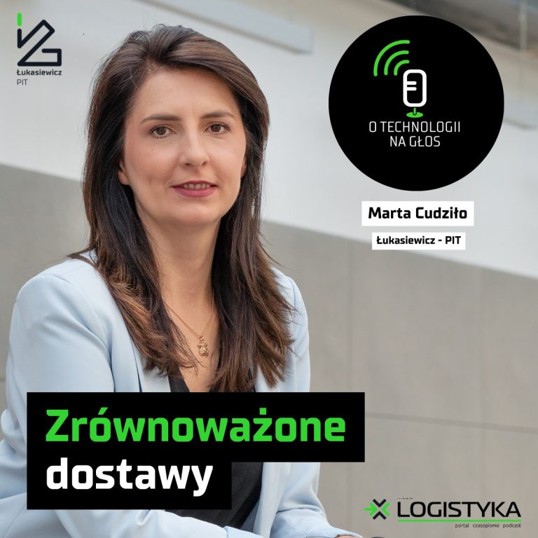 zdjęcie okładki podcastu "O technologii na głos", z Martą Cudziło na 1. planie, z logiem Łukasiewicz - PIT, logiem podcastu i tytułem "Zrównoważone dostawy"