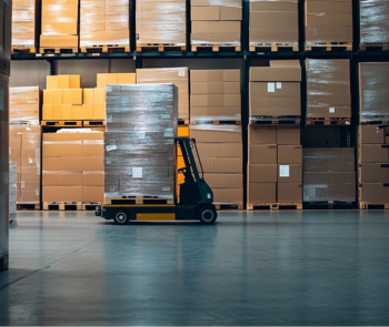 Wózek magazynowy z załadowanym towarem, w tle kartony ułożone na półkach