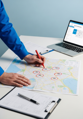 Rozłożona na biurku mapa, na której ktoś zaznacza lokalizacje czerwonym pisakiem. Obok komputer i notatnik.