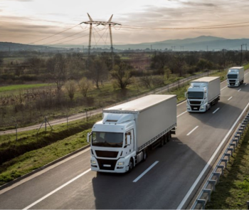 Trzy samochody ciężarowe jadące drogą. W tle drzewa i sieć trakcyjna.