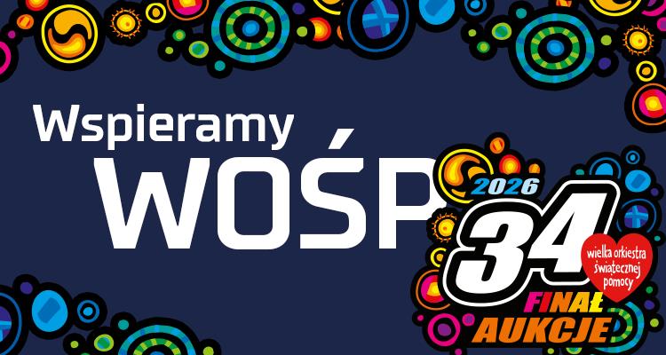 napis "wspieramy wośp" na tle granatowej grafiki WOŚP