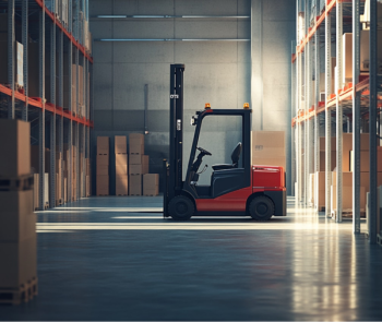 Wózek widłowy w magazynie, obok regały z paczkami.