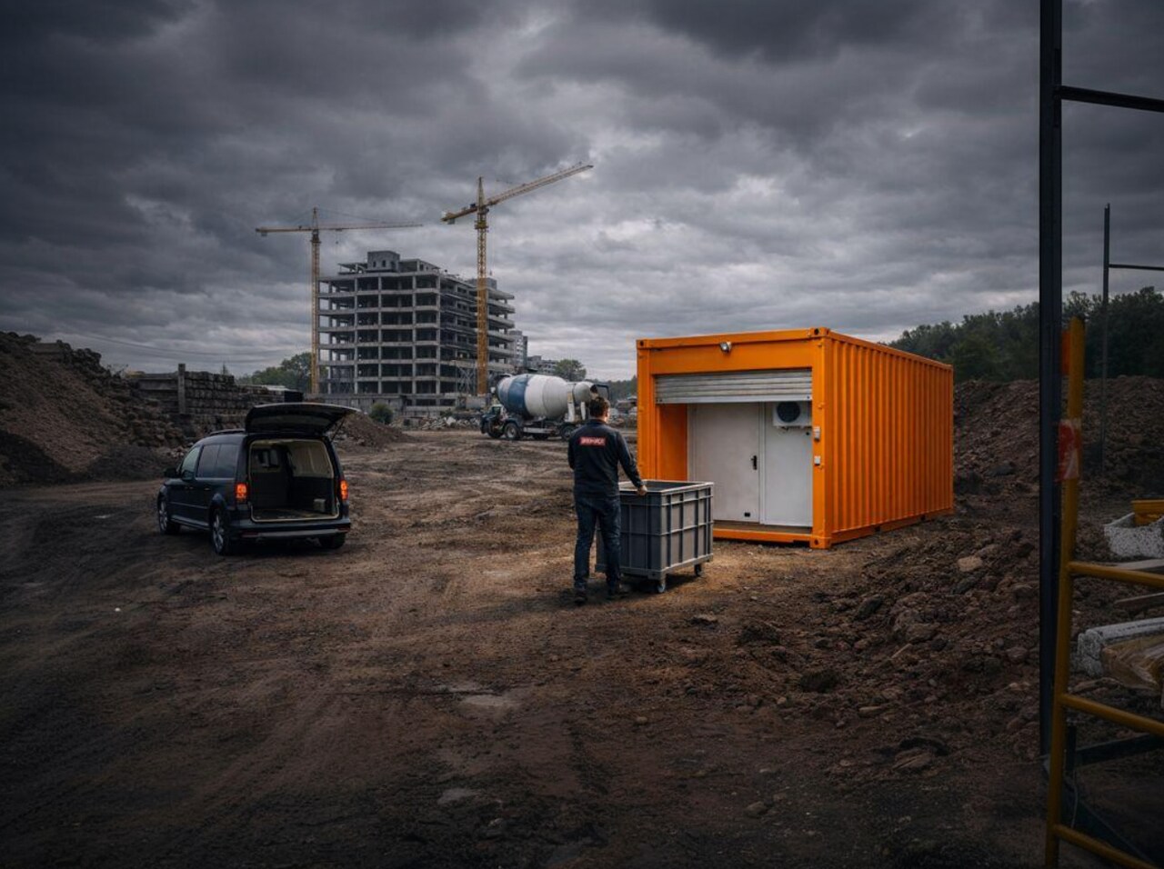 Plac budowy w pochmurny dzień: mężczyzna przy pomarańczowym kontenerze, w tle dźwigi i niedokończony budynek.