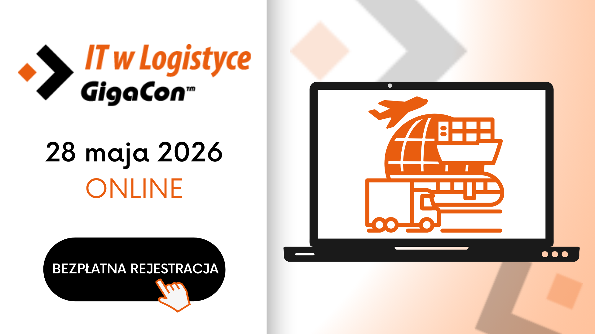 Grafika przedstawia laptopa na pomarańczowym tle oraz napisz "IT w logistyce"