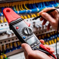 Badania elektryczne urządzeń w laboratorium - miernik elektryczny trzymany w dłoni